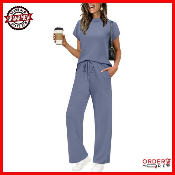 Pants - Women's Mock Neck Lounge Set Wide Leg Tracksuit 2-Piece S-3XL